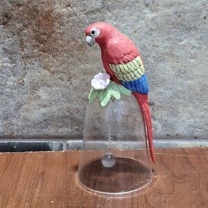 Red Crown Parrot Bird Figurine on Crystal Glass Bell Silver Tone Chain Glass Bal